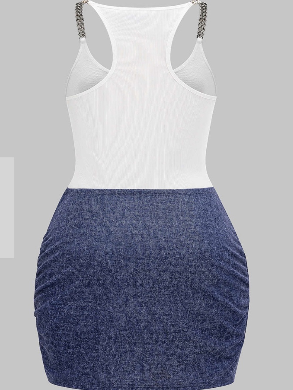 White & Denim Blue Chain-Strap Patchwork Mini Skirt Dress